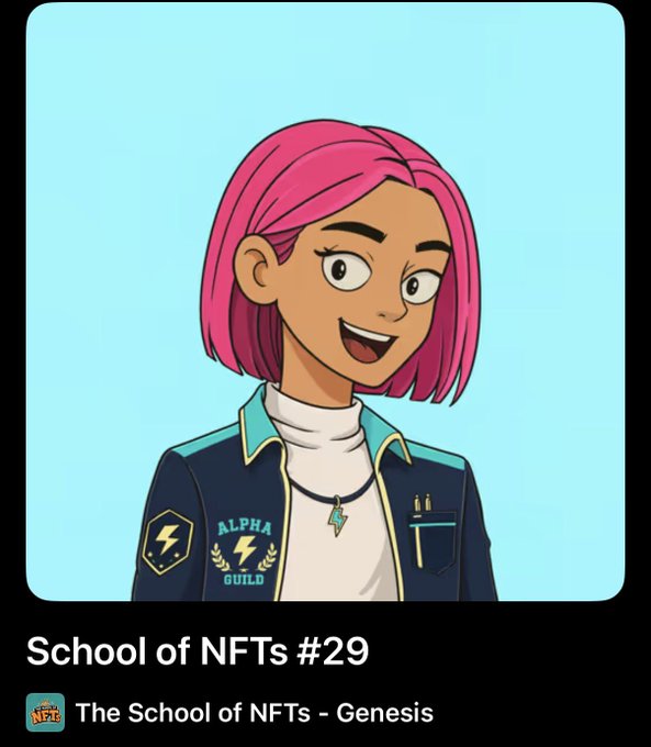 A cartoon character with pink hair wearing an 'ALPHA GUILD' jacket, labeled as 'School of NFTs #29' from 'The School of NFTs - Genesis' collection.