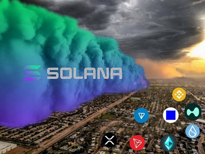 A massive, ominous wave of colorful smoke looms over a sprawling cityscape with the "SOLANA" logo emblazoned prominently, accompanied by various cryptocurrency icons (including Binance Coin, Tron, and Ethereum) suggesting an impending market shift. The dramatic visual reinforces the post's message of a major event approaching the Solana ecosystem.