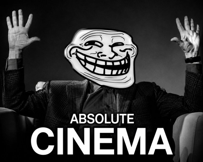 A figure in a suit sits with hands raised dramatically, their face replaced by a smug grinning trollface meme, with bold white text reading "ABSOLUTE CINEMA" below—capturing the playful mockery of the post's punchline about a detective who investigated the wrong lead while overlooking the obvious wallet ownership connection between the two collections.
