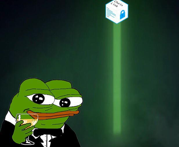 An illustration of the Pepe the Frog meme character dressed in a tuxedo holding a champagne glass, looking longingly at a 'Chain Link' document with a lock icon bathed in green light.