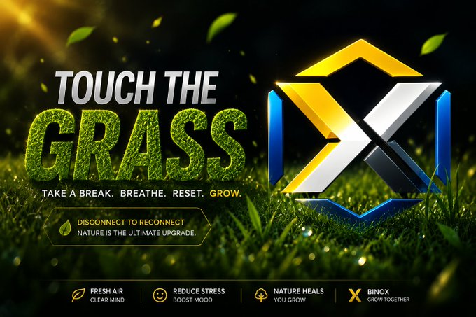 A promotional graphic for 'BinoX' featuring the tagline 'TOUCH THE GRASS' with grass-textured lettering, alongside messaging like 'TAKE A BREAK. BREATHE. RESET. GROW.' and 'DISCONNECT TO RECONNECT. NATURE IS THE ULTIMATE UPGRATE.' (note typo), highlighting benefits such as fresh air, reduced stress, and nature healing.