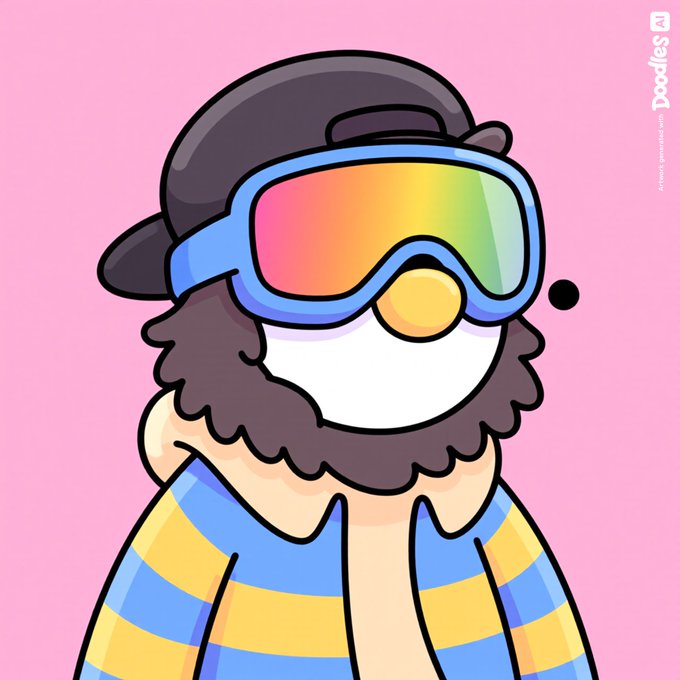 A cartoon penguin character by 'Doodles' wears a black hat, rainbow ski goggles, and a yellow and blue striped robe against a pink background.