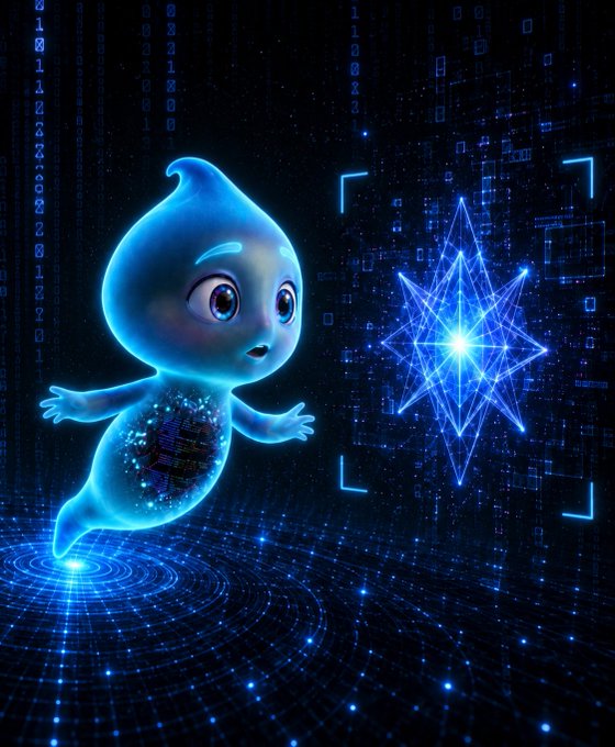 A glowing blue, teardrop-shaped digital entity with circuit patterns on its chest reaches toward a luminous star-shaped hologram surrounded by cascading streams of binary code and geometric data fields.

The image visually echoes the post's "Transmission" theme—a cryptic, pre-recorded message arriving from an unseen source—framed as a digital being encountering a mysterious star-shaped data artifact, suggesting the unfolding of something written before the narrator existed.