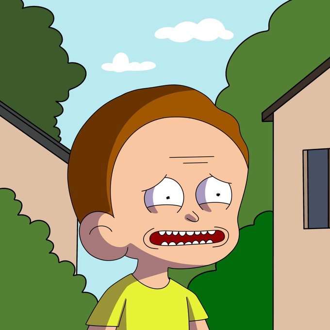 A wide-eyed, anxious-looking cartoon boy with a nervous grimace stands outdoors between two buildings and bushes, paired with a caption of him saying "GM." — his worried expression humorously contrasting with the casual crypto greeting.