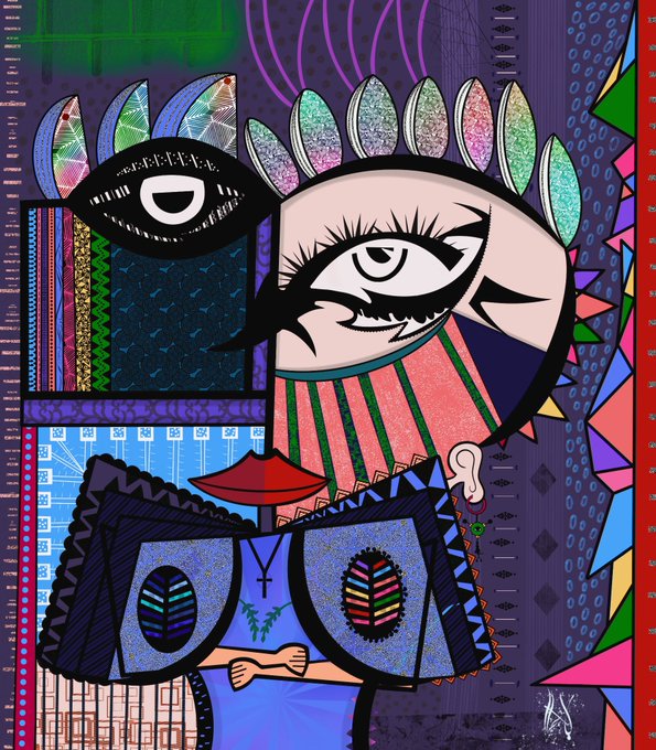 A colorful, abstract digital artwork depicting stylized faces and eyes rendered with vibrant patterns and textures.
