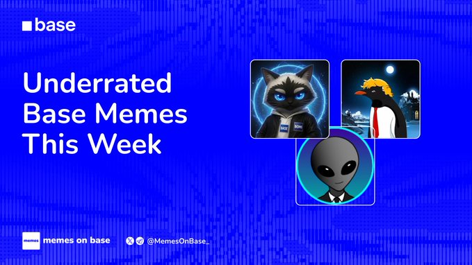 A blue graphic titled "Underrated Base Memes This Week" by "memes on base" (@MemesOnBase_) features three meme coin images—a raccoon in a "Let's Meme" shirt, a penguin labeled TRUMPENG, and a gray alien—highlighting the weekly performance of $BOMI (+57%), $TRUMPENG (+15%), and $A51 (+6%) on the Base blockchain.