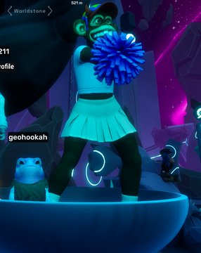 A screenshot from the game World of Warcraft showing a Pandaren character holding blue pom-poms, standing on a platform with usernames like 'Warlidstone' and 'geohookah' visible.