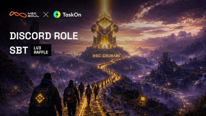 A promotional image for the NeoSoul × TaskOn campaign features adventurers approaching a glowing “BSC Crusades” tower. It advertises a live TaskOn giveaway offering an “SBT” and “LV3 RAFFLE” Discord role, open until Aug. 24, with the visible quest link taskon.xyz/quest/253781967.