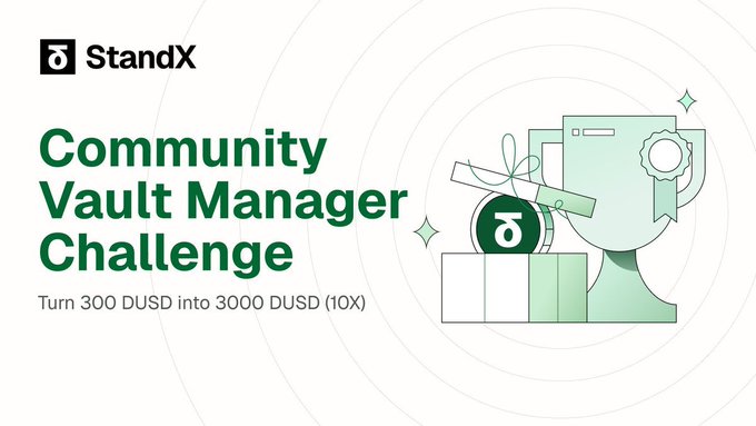 A promotional graphic for StandX's "Community Vault Manager Challenge" featuring the StandX logo and an illustration of a trophy with a gift, promoting the opportunity to turn 300 DUSD into 3000 DUSD (10X) — directly supporting the post's call for 30 community vault managers to participate in the 4-week SIP-5B Challenge.