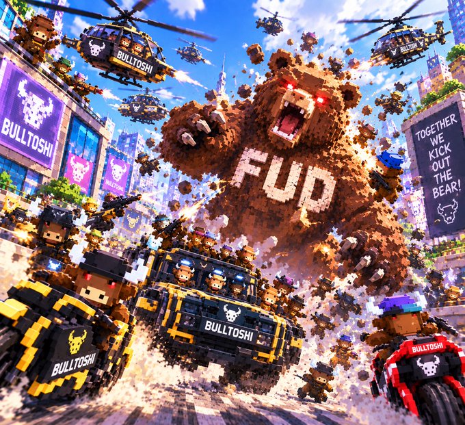 A chaotic 3D voxel/blocky art scene depicting a giant brown bear labeled 'FUD' rampaging through a city, surrounded by helicopter, vehicle, and character mascots branded 'BULLTOSHI', with a sign reading 'TOGETHER, WE KICK OUT THE BEAR!'