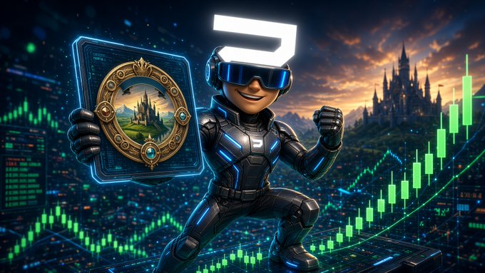 A 3D-rendered character in black futuristic armor and blue VR goggles holding a decorative card showing a castle, set against a background of green candlestick charts and a fantasy castle.