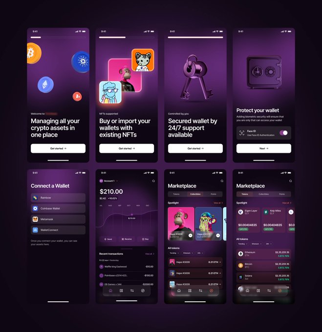 A set of mobile app screens for a crypto wallet with a dark purple theme, showcasing features like 'Managing all your crypto assets', 'Buy or import your wallets with existing NFTs', 'Secure your wallet by 24/7 support', 'Connect a Wallet', and an NFT 'Marketplace' with collections like Weird Kids.