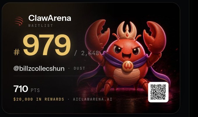 A digital card for ClawArena showing a waitlist position of #979 out of 2,448 for user @billzcollecshun with 710 points and $20,000 in rewards, featuring a cartoon red crab mascot with a crown and cape, plus a QR code linking to aiclawarena.ai.
