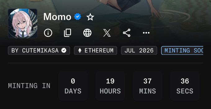 The image shows a minting countdown webpage for "Momo" by CuteMikasa on Ethereum, scheduled for July 2026, with a timer indicating 19 hours, 37 minutes, and 36 seconds remaining. This aligns with the post announcing Momo's mint beginning in 19 hours, with wallet addresses prepared on OpenSea for guaranteed distribution (GTD).