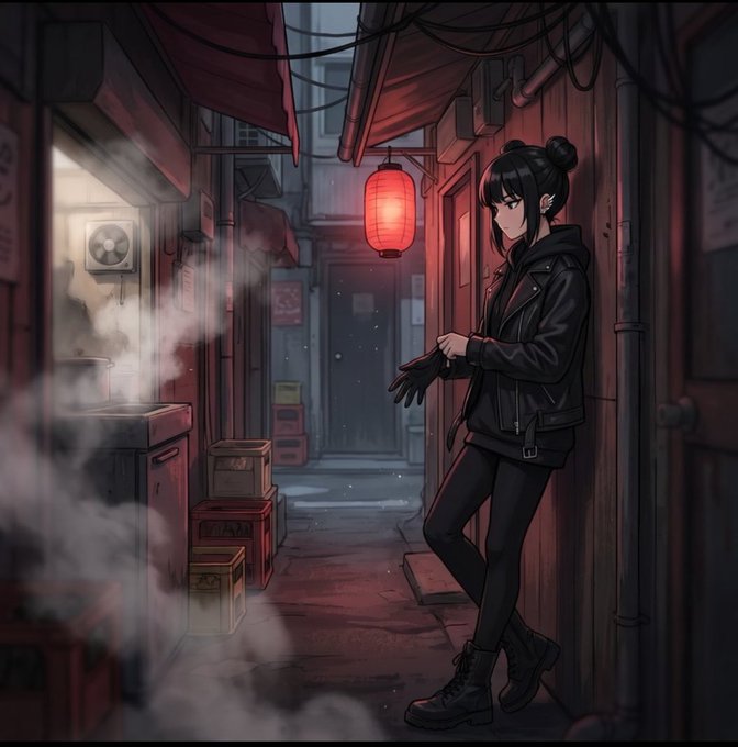 An anime-style illustration of a woman with dark hair in a black leather jacket standing in a dimly lit alleyway with a red lantern.