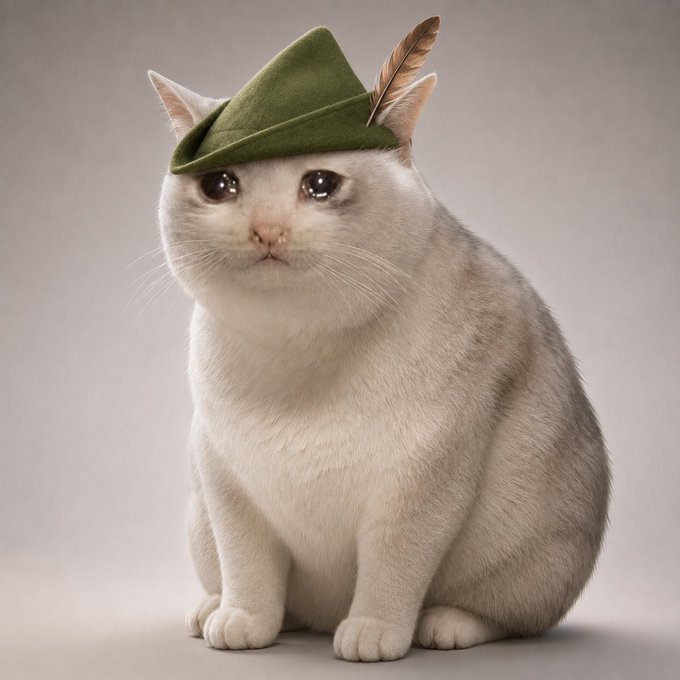 A white cat wearing a small green Robin Hood-style hat with a feather, playfully evoking the stealthy early-mover theme of the post about $CASHCAT following $PEPE's 2023 bullrun lead.