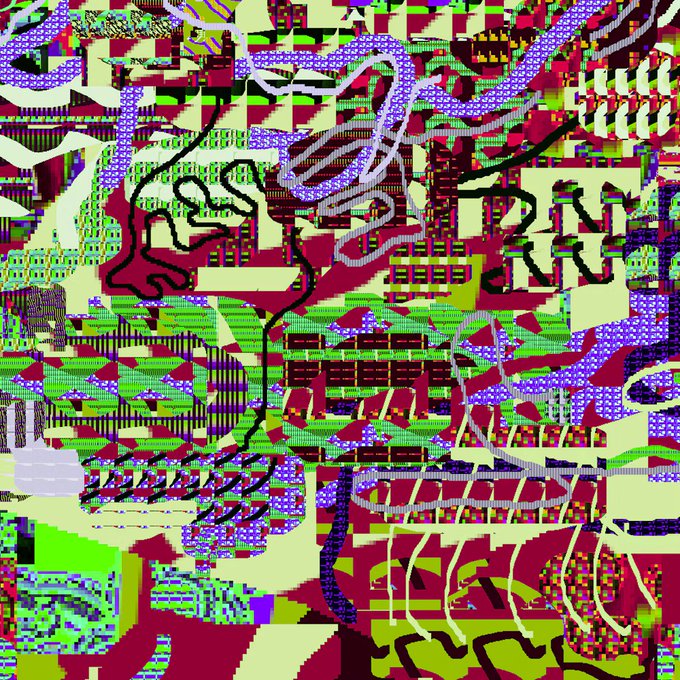 An abstract, glitch-art style image filled with chaotic patterns, vibrant green, magenta, and purple colors, and jagged, pixelated shapes.