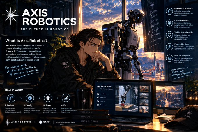 A promotional webpage design for 'Axis Robotics - The Future is Robotics,' featuring anime-style character art, a humanoid robot, sections explaining 'What is Axis Robotics?' and 'How It Works,' highlighting Physical AI Data and verified contributions.