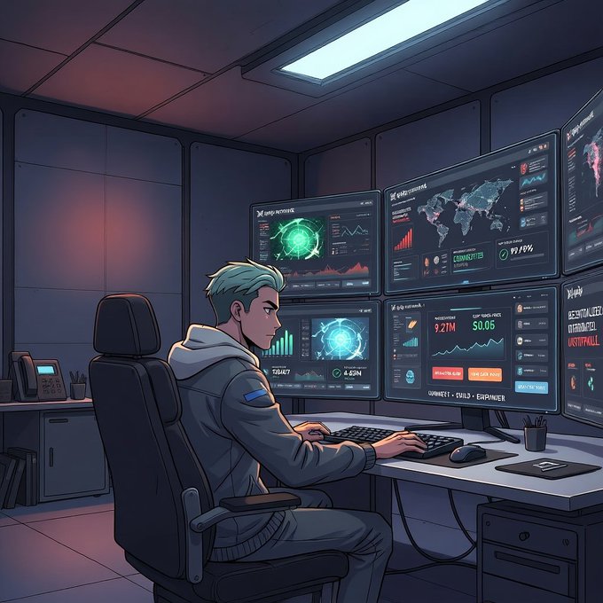 An animated illustration of a person with green hair seated at a desk facing multiple monitors displaying various data dashboards, maps, and analytics in a dimly lit room.