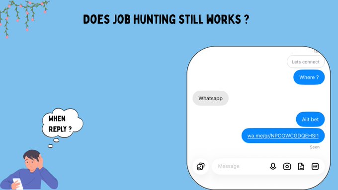 A graphic titled 'DOES JOB HUNTING STILL WORKS?' showing a person wondering 'WHEN REPLY?' next to a phone message exchange where someone asks 'Whatsapp', 'Where?', and receives a wa.me link instead of meaningful responses.