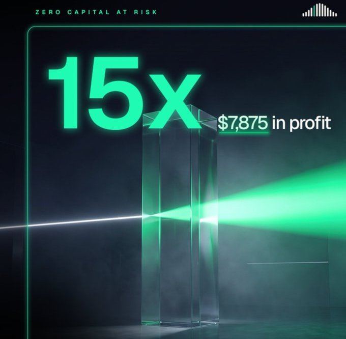 Digital promotional graphic with neon green text on a dark background advertising 'ZERO CAPITAL AT RISK' with '15x' leverage and '$7,875 in profit' alongside a prism splitting a green laser beam.