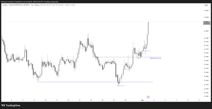 A TradingView chart of Cardano ($ADA) Perpetual Contract shows price action rallying sharply from a marked "Bullish Key Level" support zone near 0.58, with the post noting a key level hold, liquidity raid, and bullish continuation higher.