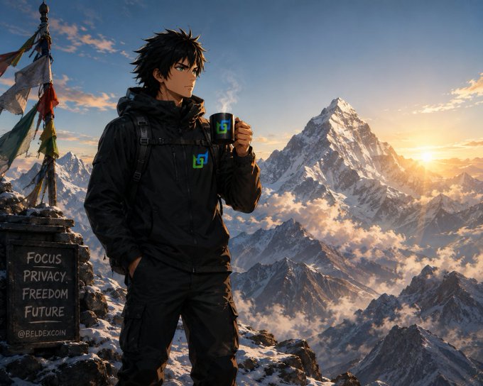 Anime-style illustration of a young man with dark hair in a black jacket standing on a snowy mountain peak at sunset, holding a mug with a green 'S' logo, with text reading 'FOCUS PRIVACY, FREEDOM FUTURE' and '@BELDEXCOIN' on a stone block beside him.
