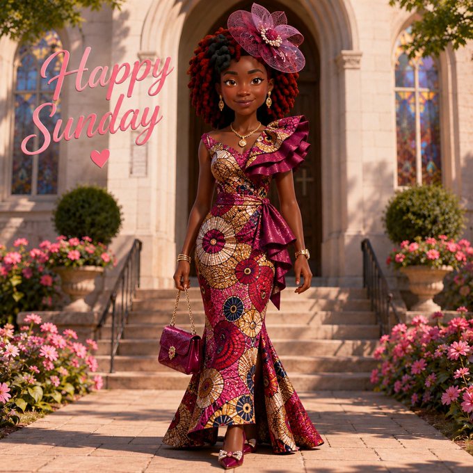 A Black woman wearing a colorful pink, red, and gold patterned dress and a matching fascinator stands in front of a church, with the text 'Happy Sunday' and a pink heart overlaid.