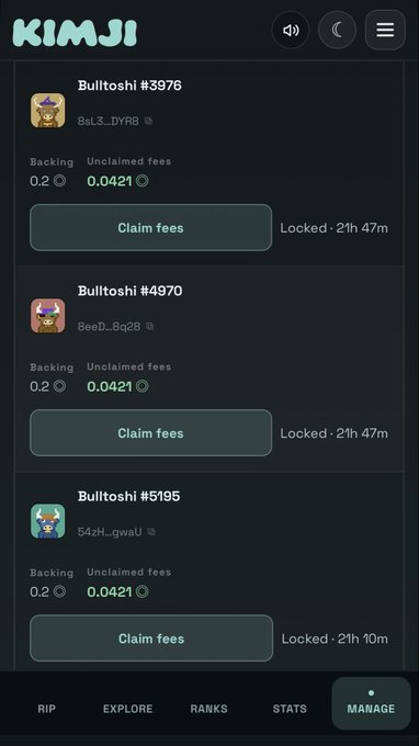 A screenshot of the KIMJI app showing a 'MANAGE' tab with three 'Bulltoshi' NFTs (#3976, #4970, #5195) that each have unclaimed fees of 0.0421 ETH and a 'Claim fees' button.