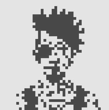 A pixelated portrait of a person's face wearing sunglasses on a white background.