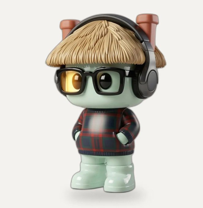 A 3D-rendered toy figure with a pale green body, wearing black glasses, large black headphones, and a red and black plaid sweater.
