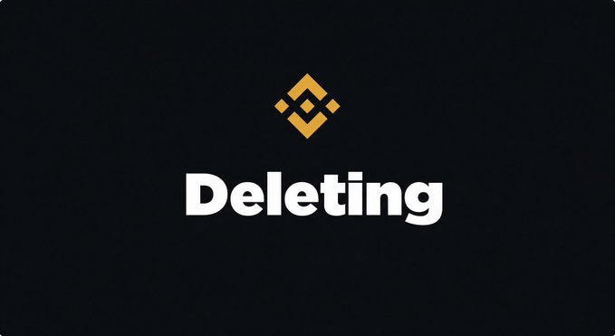 A dark Binance logo screen displays the word 'Deleting' in bold white text, indicating the deletion of an account.