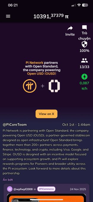 A mobile phone screenshot of the Pi Network app showing a balance of 10391.37379 π and a post from @PiCoreTeam about Pi Network partnering with Open Standard to power Open USD (OUSD).