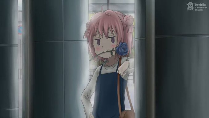 The image features a girl with pink hair wearing an apron, holding a rose in her hand while standing next to a doorway or window. The caption of the image reads "Are you 10/10 cause i think your about to fuck me up #binancepickuplines". This suggests that there might be some sort of disagreement or conflict between the girl and someone else, possibly due to their differing opinions on a topic.