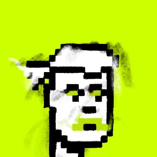 A pixelated, glitch-style portrait of a face in black and white against a bright yellow-green background.