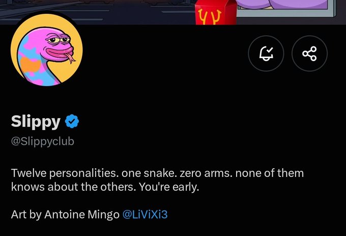 The image shows a Twitter/X profile for "Slippy" (@Slippyclub) with a verified blue checkmark, featuring a colorful cartoon snake avatar. The bio reads "Twelve personalities. one snake. zero arms. none of them knows about the others. You're early," with art credit to Antoine Mingo @LiViXi3.

The post caption "Just secured for Matrix and my subscribers" likely refers to the "Slippy Club" NFT project securing access or priority for Matrix platform members and subscribers, tying into the profile's exclusive "you're early" messaging.