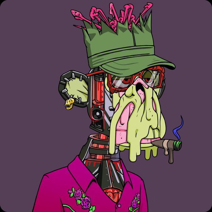 The image features an animated cartoon monkey wearing a pink shirt with flowers and a green hat, holding a cigar and smoking it while standing against a purple background. The caption below the image reads "Welcome Phil to the bored ape yacht club! Congrats on hitting a grand slam with your firstETH NFT. Just like your ape, our minds are blown by your PFP."