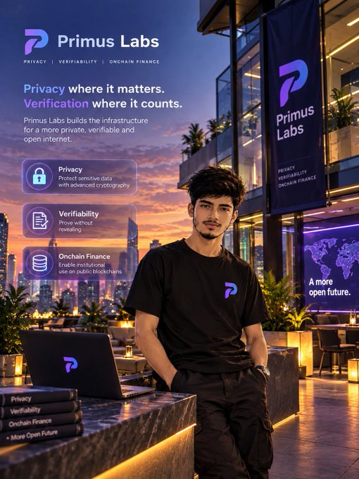 A promotional graphic for 'Primus Labs' featuring a man in a black branded t-shirt standing in a rooftop setting at sunset, with text reading 'Privacy where it matters. Verification where it counts.' and listing features like Privacy, Verifiability, and Onchain Finance.