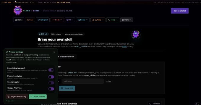 A dark-themed web interface for 'CLAWD Codex', a skills catalog on Solana, showing a 'Bring your own skill' section, a 'Create with Grok' input field, and a 'Privacy settings' popup with toggles for Essential, Product analytics, Session replay, and Google Analytics.