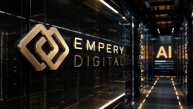 A sleek metallic gold logo and text reading 'EMPERY DIGITAL' with 'AI' on the right, set in a dark data center/server room environment.