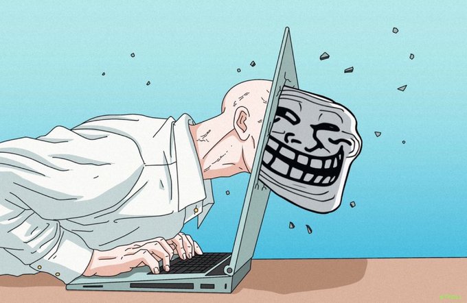 A cartoon illustration showing a person hunched over a laptop whose screen displays a grinning troll face, with the person's real head breaking through the screen, symbolizing internet trolling.