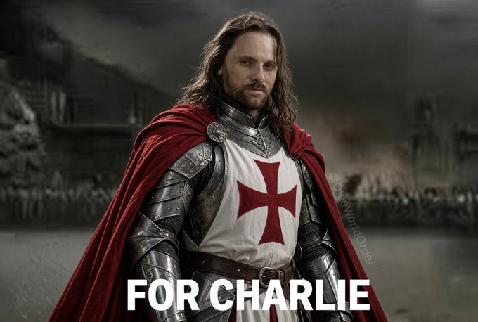 A digital artwork of a long-haired armored knight with a red cape and a white tunic bearing a red cross, with the text "FOR CHARLIE" displayed at the bottom.
