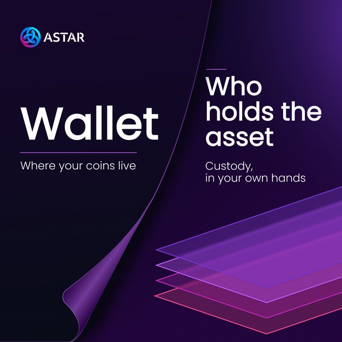 A dark purple graphic featuring the ASTAR logo alongside text reading "Wallet — Where your coins live" and "Who holds the asset — Custody, in your own hands," reinforcing the post's point about wallets being a fundamental, often overlooked element of cryptocurrency ownership and self-custody.