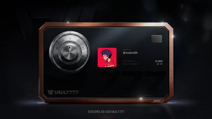 A digital Vault777 membership card in bronze tier showing handle '@Nuzak2004' and Keycard ID 'VAULT ENERGY 59 XP' with a stylized profile picture of a character.