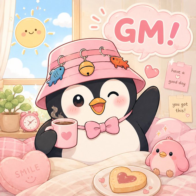 A cute cartoon penguin wearing a pink bucket hat and bow tie holds a heart mug, surrounded by cheerful illustrations including 'GM!', 'SMILE', and 'have a good day you got this!' notes.