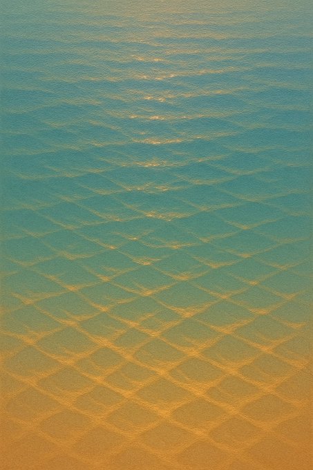 An artistic painting depicts rippling water transitioning in a gradient from turquoise blue at the top to sandy orange at the bottom.