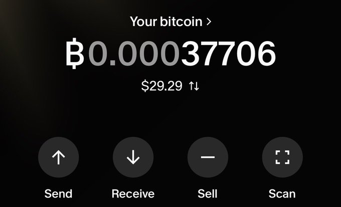 A Bitcoin wallet screen showing a balance of ₿0.00037706 ($29.29, up slightly) with options to Send, Receive, Sell, and Scan, fitting the post about starting over with a small amount on River after losing their Bitcoin.
