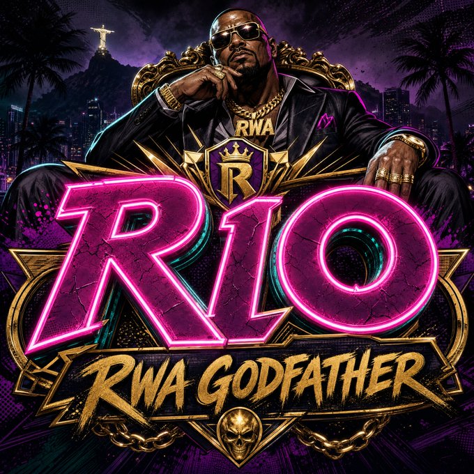 A stylized promotional graphic featuring a sunglasses-wearing figure seated on a throne with a "RWA" gold chain, surrounded by Rio de Janeiro's Christ the Redeemer and palm trees, with bold neon text reading "RIO — RWA GODFATHER" and a gold skull emblem. The image ties to the post's playful "RWA Godfather" nickname for the $RIO token (Realio Network), evoking a Brazilian mafia-themed branding for the crypto project.