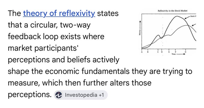 An Investopedia snippet explaining "the theory of reflexivity" with a chart showing "Reflexivity in the Stock Market" comparing Money and Stock P over Time.