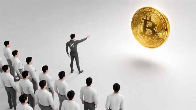 A conceptual 3D illustration showing a group of identical figures in white shirts being led by a figure wearing an 'X' logo, pointing toward a large golden Bitcoin coin.